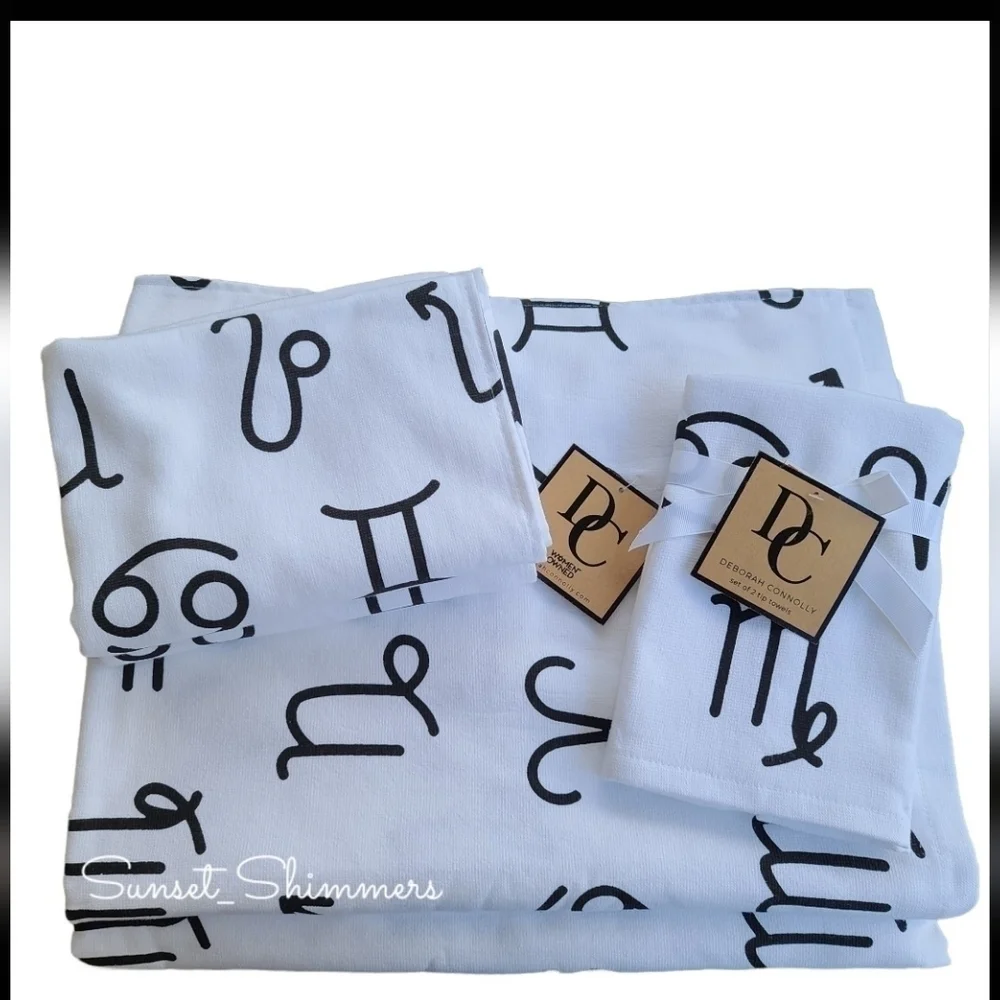 6PC Deborah Connolly Astrology Zodiac Sign Black & White Bath Hand Tip Towel Set